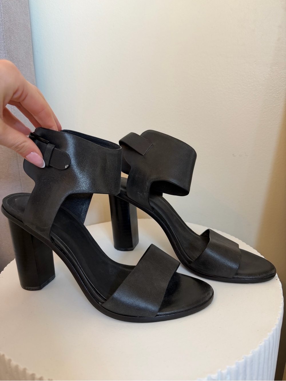 Joie “Opal” Black Leather Block Heel Sandals